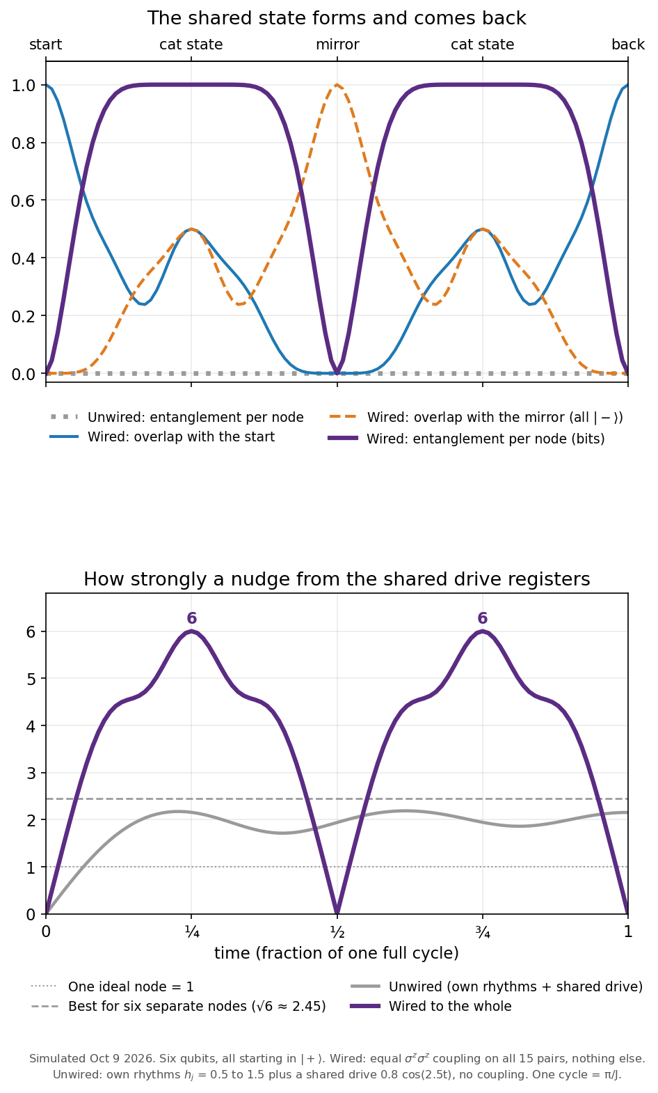 Two line charts over one cycle. Top: a purple entanglement curve rises to 1 at a quarter cycle, falls to zero at half, rises again and falls to zero at one cycle, while a blue overlap-with-start curve falls from 1 and returns to 1. Bottom: a purple response curve peaks at 6 at a quarter and three quarters of a cycle; a grey unwired curve stays near 2.